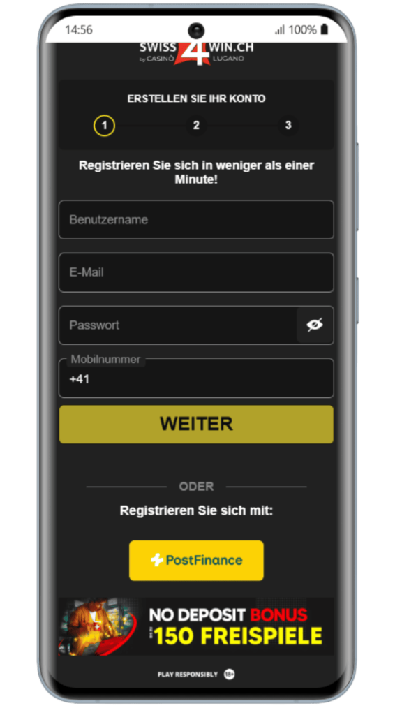 Anmeldung beim swiss4win Casino